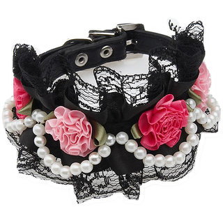 Magideal Pet Dog Cat Puppy Imitation Pearls Necklace Flower Lace Collar Belt Black M