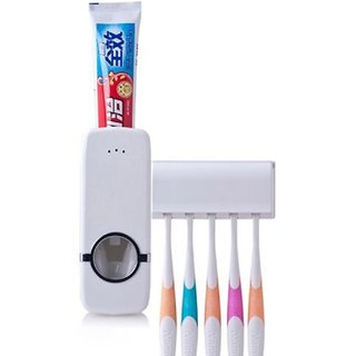                       White Automatic Toothpaste Dispenser 5 Toothbrush Holder Set Wall Mount Stand                                              