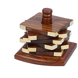 Rusticity Wooden Coaster Set - 2.75 In X 2.75 In - Set Of 6 Square Shaped Tower Of Hanoi Drink Coasters With Holder - Ha