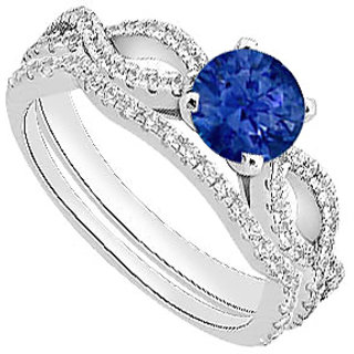 14K White Gold Natural Blue Sapphire Engagement Ring With Diamond Wedding Ring