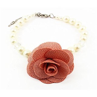 Adjustable Pet Dog Cat Pearl Necklace Collar With Little Bell Big Flower Style Pink M