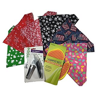 Pet Shoppe Nail Clippers, Rinse Ace Shampoo Mitt, 6 Holiday Bandanas For Large Dog- Great Pet - Dog Lover Gift, New Pet