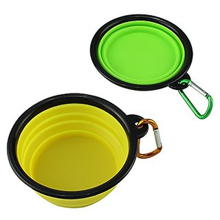 Mewtogo Collapsible Food Grade Silicone Dog Travel Bowl - Portable Feeding Container Pack Of 2 (yellow+green)