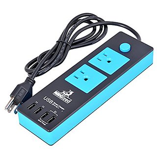 Power Strip NRGized C300 With 2-AC Outlets And 4 USB Charging Ports 5-Ft Cord (Black/Blue)