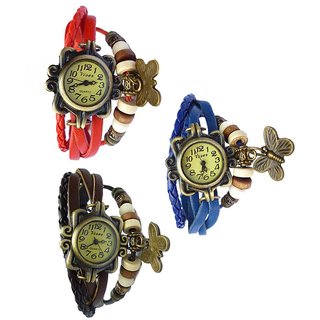 Multicolour Leather Bracelet Butterfly Wrist Watch - Pack of 3