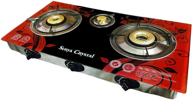 Buy Surya Crystal 3 Burners Automatic Glass Top Gas Cooktop Online