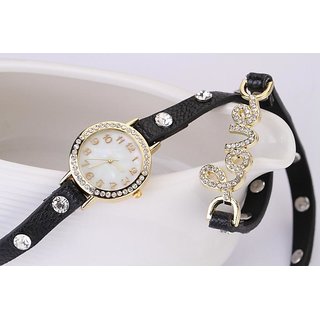 Round Dial Black Leather Strap Women Quartz Watch
