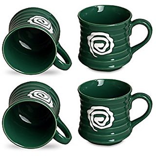 Tea Cup Ceramic/Stoneware in Green Spiral amp White Doodle Hourglass (Set of 4) Handmade By Caffeine