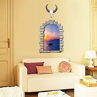 Jaamso Royals 'Sacred Cow Sea Evening Scenery 3D fake window' Wall Sticker (60 cm X 90 cm)