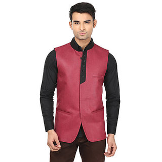 QDesigns Red Plain Slim Nehru Jacket for Men
