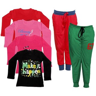 IndiWeaves Girls Combo Pack 6 (Pack of 4 Full Sleeves T-Shirts and 2 Lowers/Track Pant )_Multiple_Size:-6-7 Years