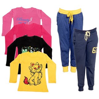 IndiWeaves Girls Combo Pack 6 (Pack of 4 Full Sleeves T-Shirts and 2 Lowers/Track Pant )_Multiple_Size:-6-7 Years