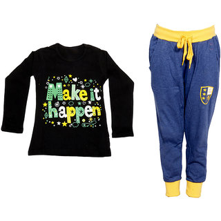 IndiWeaves Girls Combo Pack 2 (Pack of 1 Full Sleeves T-Shirts and 1 Lowers/Track Pant )_Black::Blue_Size:-6-7 Years
