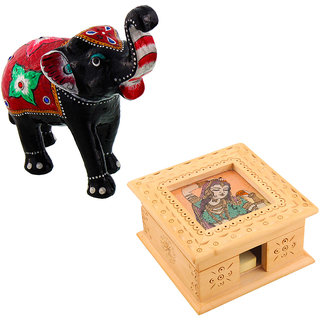Gomati Ethnic Home Dcor Paper Mache Elephant Showpiece Handicraft Gifts With Visiting Card Holder Office Stationary Handicraft Gift-COMB380