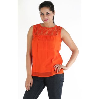 Urbane Woman Orange Lace Yoke With Uneven Gathered Top