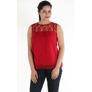 Urbane Woman Red Lace Yoke With Uneven Gathered Top