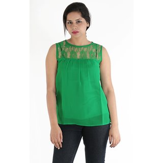 Urbane Woman Green Lace Yoke With Uneven Gathered Top