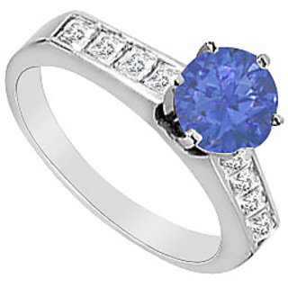 14K White Gold Natural Sapphire & Diamond Princess Cut Engagement Ring
