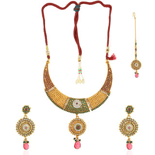 Be You Classy Red-Green Color Quartz Studded with Rhodium Plated Brass Polki Work Mang Teeka, Earrings  Necklace Set for Women