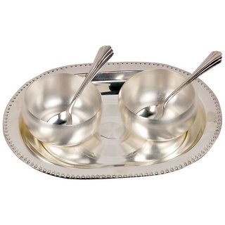 Rastogi Handicrafts Silver Polish Brass Bowl, Spoon and Tray Set (334, Silver)