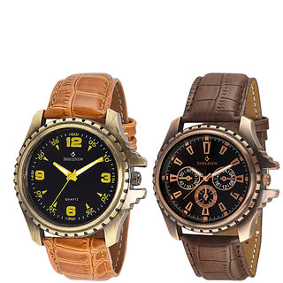 Sheldon Brown Leather Analog Watch For Men Combo Of 2
