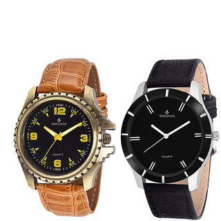 Sheldon Brown Leather Analog Watch For Men Pack Of 2