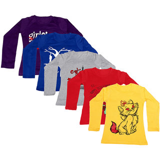 IndiWeaves Girls Cotton Full Sleeve Printed T-Shirt (Pack of 5)Multicolor