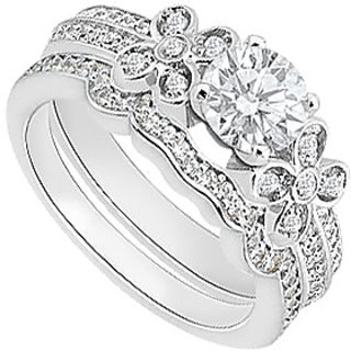 Diamond Engagement Ring With Diamond Wedding Band In 14K White Gold