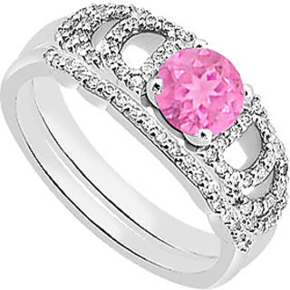 Delightful Diamond Pink Sapphire Engagement Ring With Diamond Band In 14K White Gold