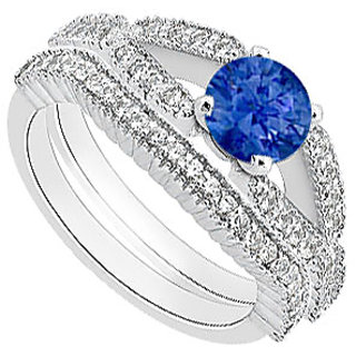 Natural Sapphire Engagement Ring With Diamond Wedding Band In 14K White Gold