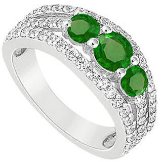 LoveBrightJewelry Three Stone Engagement Ring With Emerald & CZ In 14K White Gold