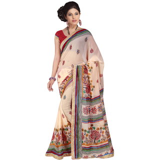 RK FASHIONS Beige Georgette Party Wear Printed Saree With Unstitched Blouse - RK230742