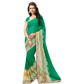RK FASHIONS Green Faux Georgette Party Wear Printed Saree With Unstitched Blouse - RK232922