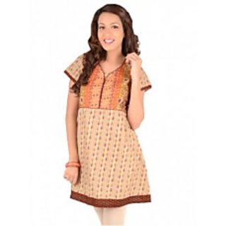 BEIGE PRINTED A-LINE KURTA
