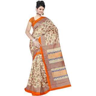 Winza Designer Bhagalpuri Cotton Silk Cream & Orange Colour Printed Saree With Blouse Piece