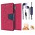 Wallet Flip Cover For Micromax Canvas Knight Cameo A290  (Pink) With 3.5mm TARANG Stereo Sound Earphones with Mic + Ring Stand Holder (Color May vary)