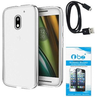 TBZ Transparent Silicon Soft TPU Slim Back Case Cover for Moto E3 Power with Data Cable and Tempered Screen Guard