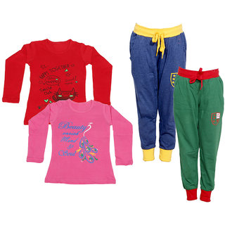 IndiWeaves Girls Combo Pack 4 (Pack of 2 Full Sleeves T-Shirts and 2 Lowers/Track Pant )Multicolor
