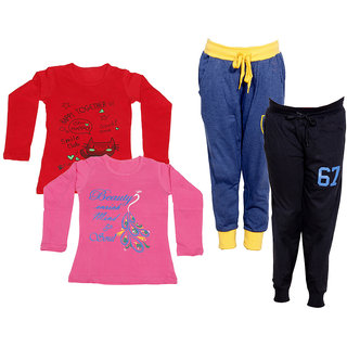 IndiWeaves Girls Combo Pack 4 (Pack of 2 Full Sleeves T-Shirts and 2 Lowers/Track Pant )Multicolor