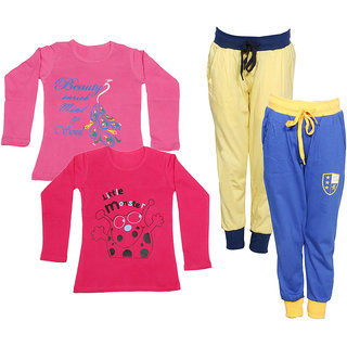 IndiWeaves Girls Combo Pack 4 (Pack of 2 Full Sleeves T-Shirts and 2 Lowers/Track Pant )Multicolor