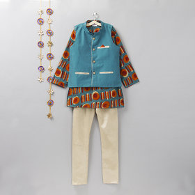 Cotton Silk Rama Green and Orange Kurta, Jacket and churidar Set