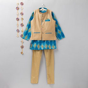 Cotton Silk Blue Ikat Print Kurta Jacket Churidar Set