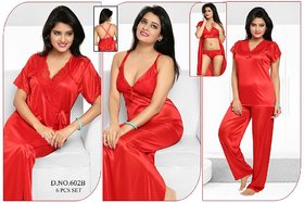 Womens Sleepwear 6pc Bra Panty Top Pajama Pant Nighty Over Coat 602B Red Night Robe Set Daily Lounge Wear