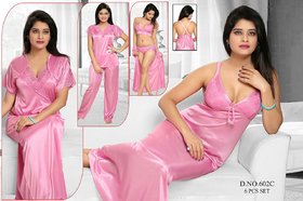 Womens Sleepwear 6pc Bra Panty Top Pajama Pant Nighty Over Coat 602C Light Pink Night Robe Set Daily Lounge Wear