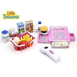 Little Treasures grocery shopping pretend play toy set for children 3+ includes a realistic battery operated cash register with a drawer, barcode scanner, and shopping basket with pretend food items