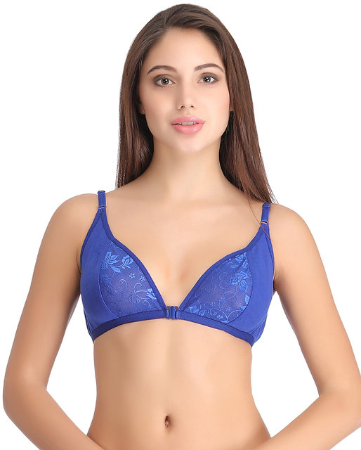 Buy Clovia Cotton Printed Non-padded Demi Cup Wire Free Plunge Bra - Blue  online