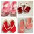 Four beautiful hand made woolen baby booties in pink and red color for 3 to 12 months kids