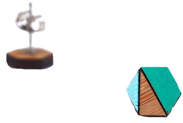 Hexagon Earrings, Geometric Wooden Stud, Mint Green