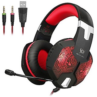 KOTION EACH G1000 3.5mm Professional Bass Stereo PC Gaming Headset Noise Isolation Over ear LED Headphones with Mic for Laptop Computer Black Red