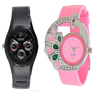 Rosra Black Men and Glory Pink peacock Women Watches  Couple for Men and Women
